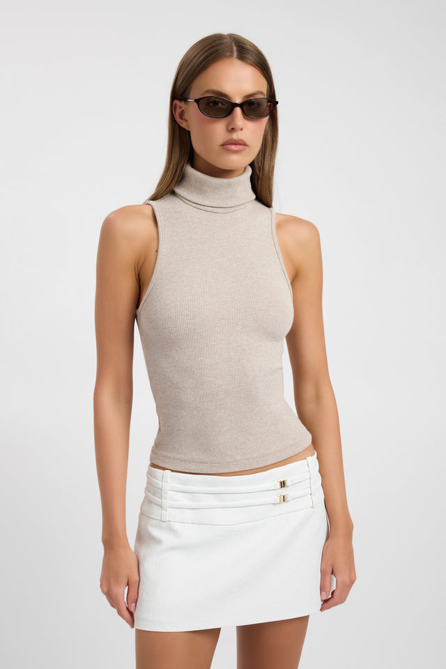 Callie Core Tank womens-blouse in beige with fitted high-neck sleeveless design front