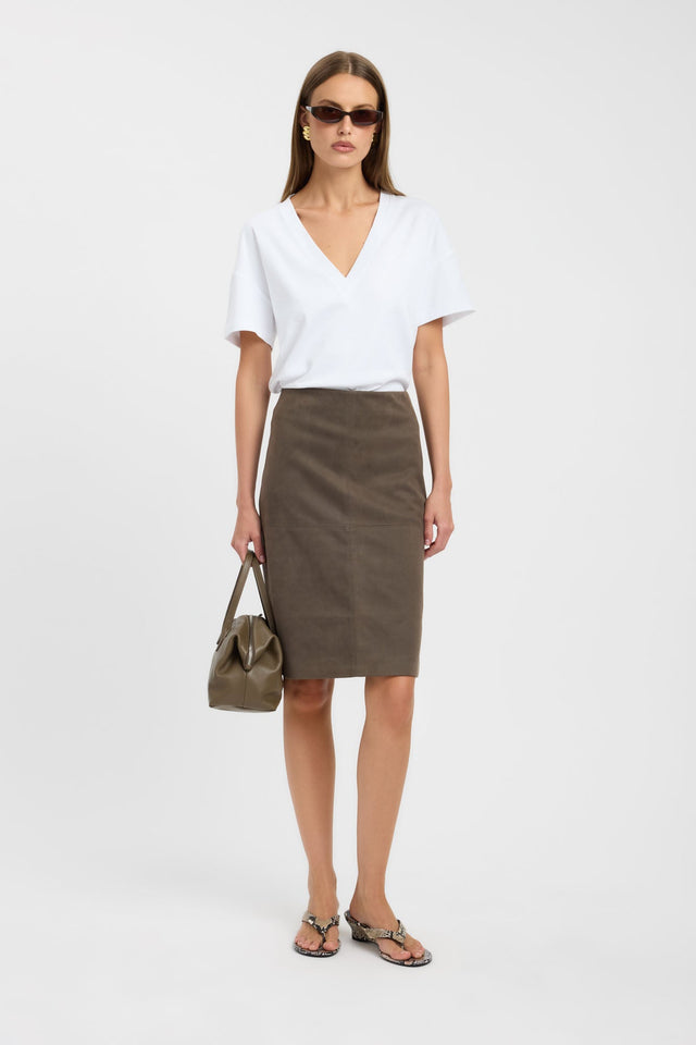 Featuring the Dylan Midi Skirt in womens-skirts with straight hem and olive colour front