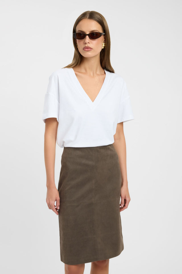 Showcasing the Dylan Midi Skirt in womens-skirts with straight hem and olive colour detail