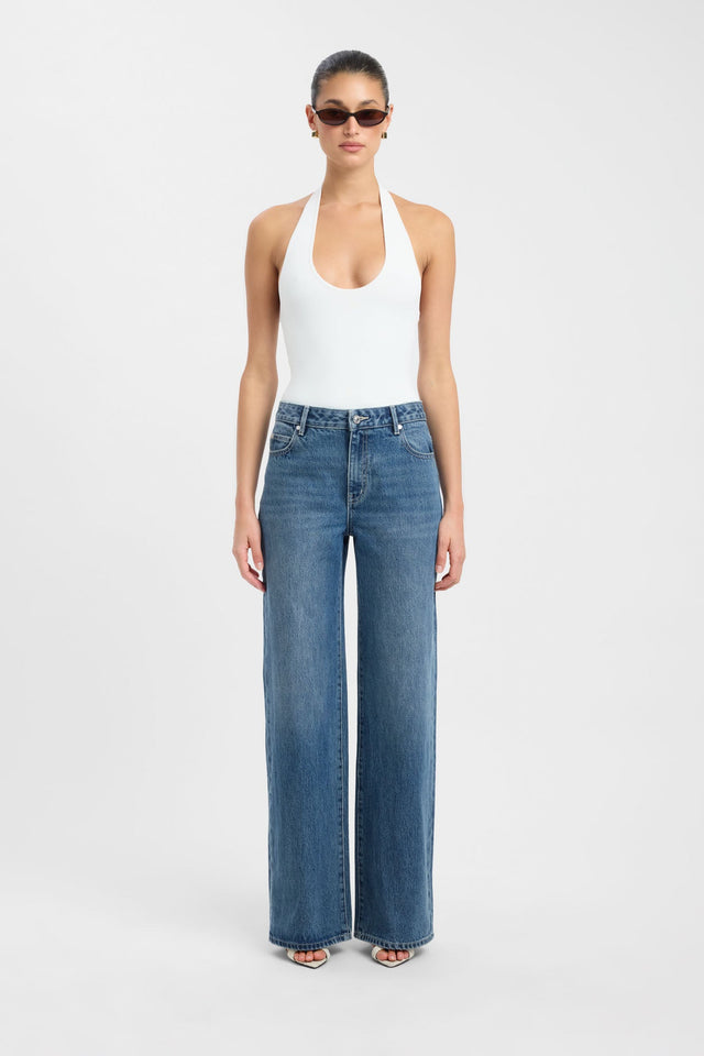 Showcasing the Mateo Wide Leg Jean in womens regular pants with high-rise styling and steel blue colour front