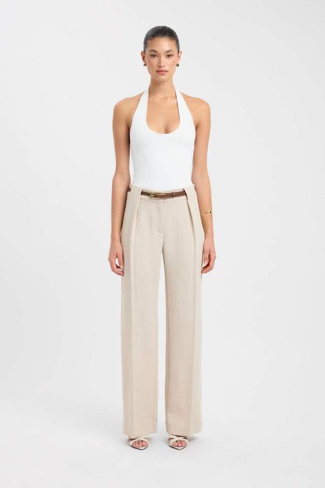 Crafted from beige Oyster Belt Loop Pant womens regular pants with wide-leg high-rise on-body