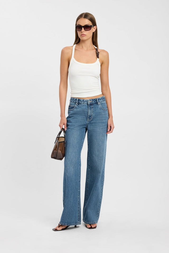 Showcasing the Mateo Wide Leg Jean in womens regular pants with high-rise styling and steel blue tones on-body